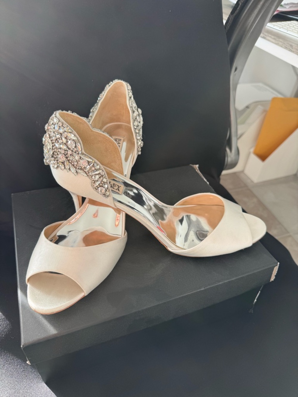 Badgley Mischka Ivory Crystal-Embellished D'Orsay Peep-Toe Heels